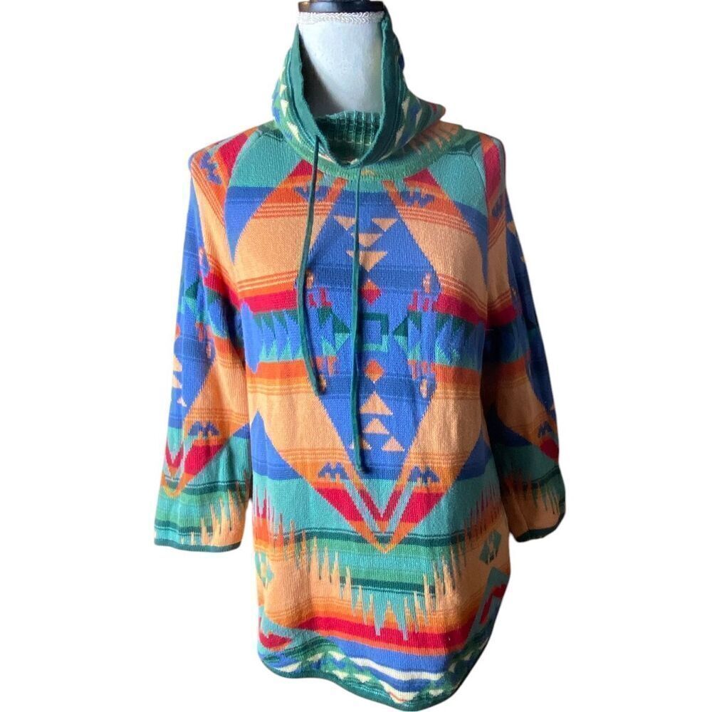 Chaps Womens Multicolor Aztec Print Funnel Neck Sweater Medium